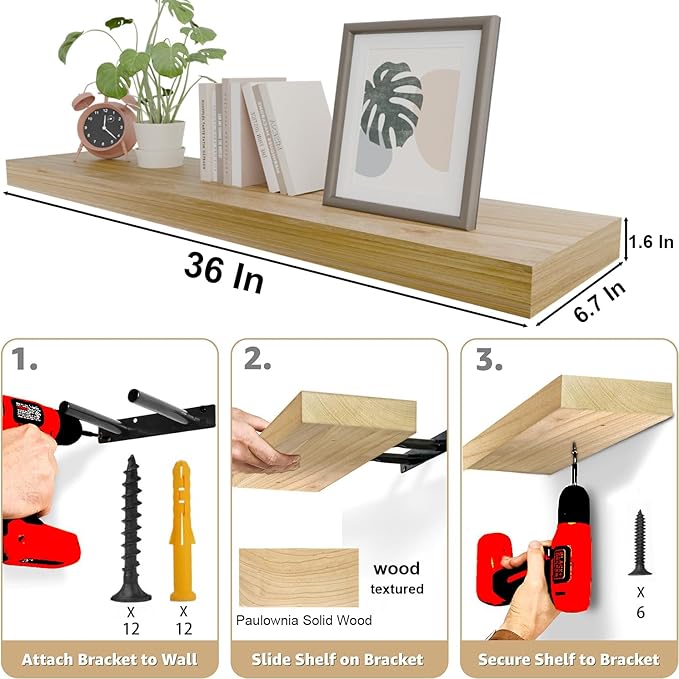 IAE Floating Wall Shelves 36 inch,Bathroom Shelf Wall Mounted,Invisible Shelves Floating Kitchen Shelving,Wooden Wall Shelving with Brackets for Living Room Wall Mounted,Easy Install,Set of 2,Natural
