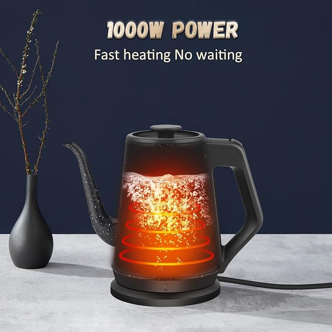 Gooseneck Electric Kettle 1.0L, 1000W Quick Heat-Up In 3 Min, 100% Stainless Steel Tea Kettle, Pour Over Coffee Kettles For Office/Travel/Kitchen, Auto Shut-Off Protection, Black Star Design, BPA-Free