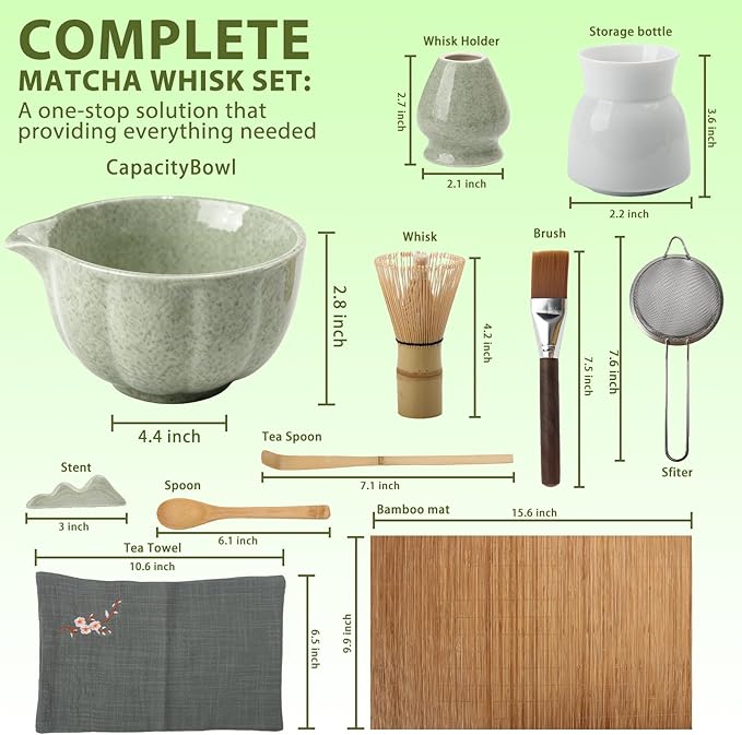 12 Pcs Matcha Whisk Set, Matcha Kit for Ceremony, Matcha Bowl with Spout, Perfect Matcha Making Kit for Matcha Lover, Gift for Friend/Family (12 Pack,Green)