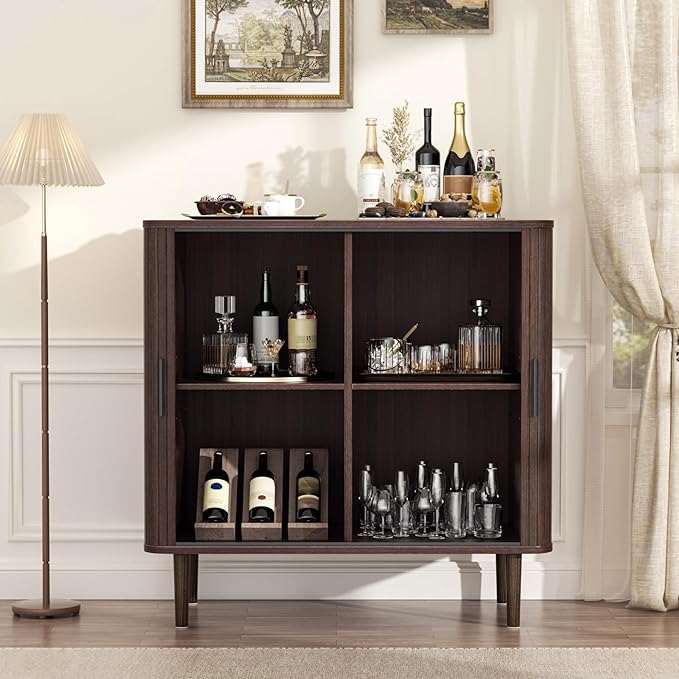 35" Fluted Accent Buffet Cabinet, Walnut Small Storage Sideboard with Sliding Door, Mid Century Modern Credenza with Solid Wood Leg, Wine Coffee Bar Console Table for Kitchen, Entryway, Living