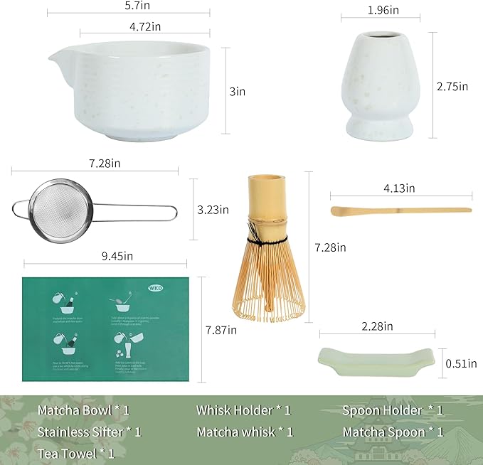 Matcha Whisk Set, Matcha Whisk and Holder, Stainless Sifter & Bamboo Scoop, Towel, 7 PCS Matcha Starter Kit for Matcha Lovers, White