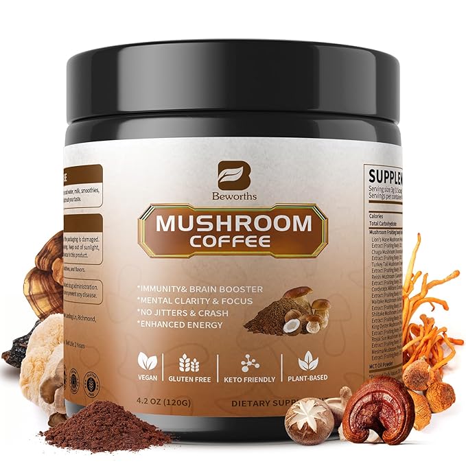 Mushroom Coffee Powder with MCT Oil - 10 Mushrooms Lion's Mane, Turkey Tail, Reishi, Cordyceps & Chaga - Arabica Instant Mushroom Coffee for Focus, Immune, Gut & Brain Health | Vegan, Keto