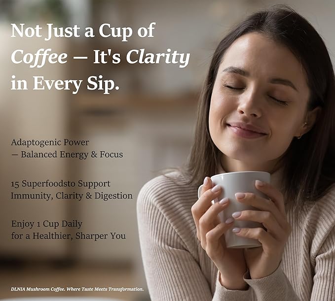 DLNIA Instant Organic Mushroom Coffee with 12 Adaptogenic Mushrooms, Arabica Beans, Coconut Milk & MCT Oil | Cordyceps, Lion’s Mane & Turkey Tail Instant Coffee for Better Energy, Focus, Digestion, Immunity