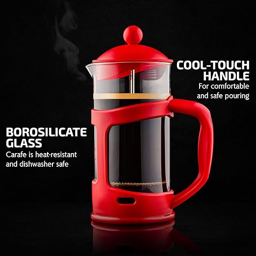 OVENTE French Press Coffee Maker 34 Ounce with Heat Resistant Borosilicate Glass & Stainless Steel 4-Level Filtration System, Portable Cold Brew Coffee Maker for Travel, Camping or Gift, Red FPT34R