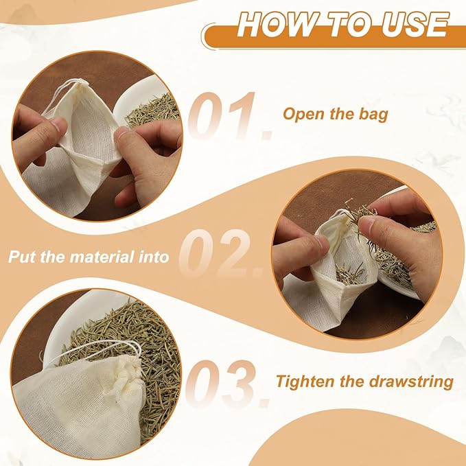 uxcell 20 Pcs Spice Bags for Cooking, 5x3 in Reusable Empty Tea Bags Muslin Strainer Cotton Cheese Cloth for Loose Leaf Tea Sachet Straining Soups Herbs, Beige