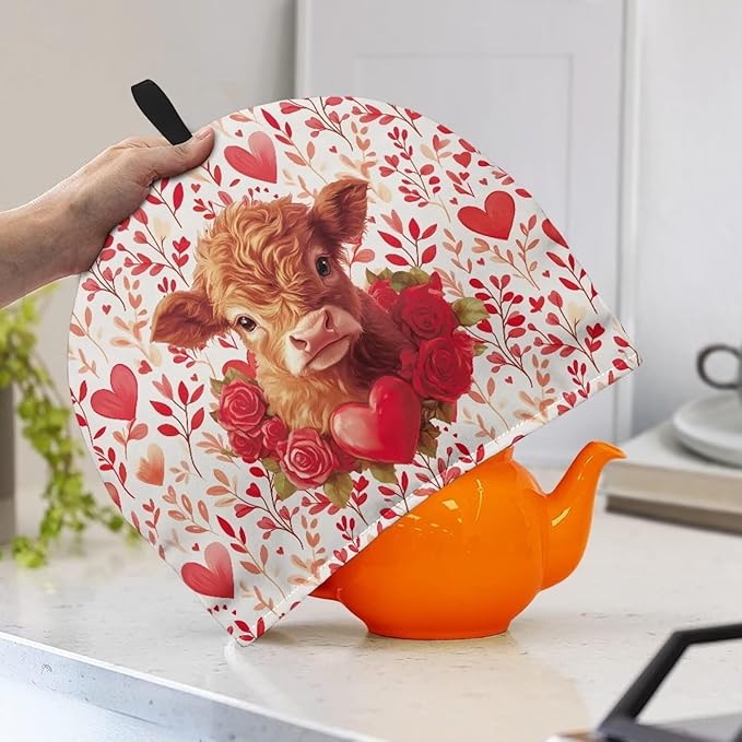 Highland Cow Tea Pot Cover Small Tea Pot with Warmer Heart Love Teapot Insulation Cover Keep Warm Teapot Dust Protector
