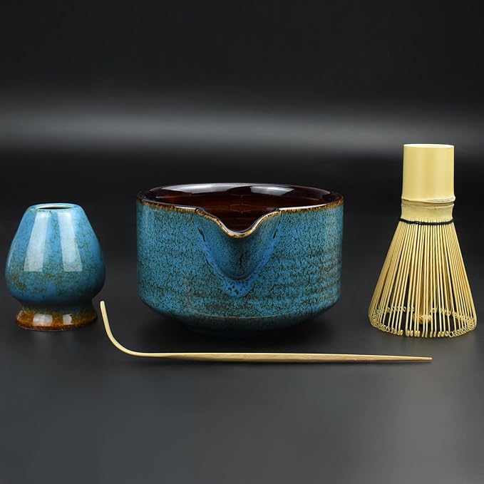 Artcome 4 Pcs Complete Matcha Tea Ceremony Kit for Japanese Tea Ceremony, Bowl with Pouring Spout, Whisk, Whisk Holder, Tea Scoop, Matcha Tea Set For Making Usucha, Koicha and Matcha Latte (Sapphire)