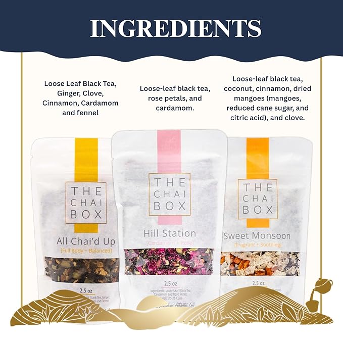 The Chai Box Top Selling Loose Leaf Tea Gift Set - Featured in Oprah's Favorite Things | 3-Flavor Caffeinated Chai Tea Gift Box with Stainless Steel Steeper (3 Pack) | Small Batch Loose Leaf Tea with Whole, Premium Spices