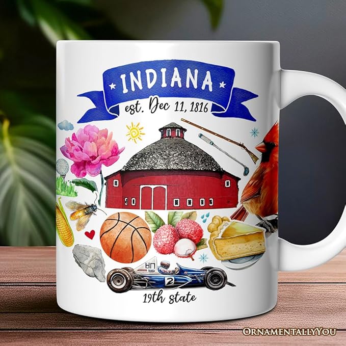 OrnamentallyYou State Travel Landmark Mugs – 12 oz Ceramic Coffee Cups, U.S. Souvenir Gift for Tourists (Artistic Indiana State Themes and Landmarks Mug)