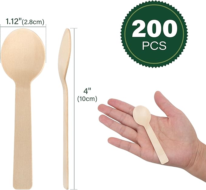 LotFancy 200 Mini Wooden Spoons, 4 Inch Length, Biodegradable Compostable Eco-friendly Birchwood Taster Spoons