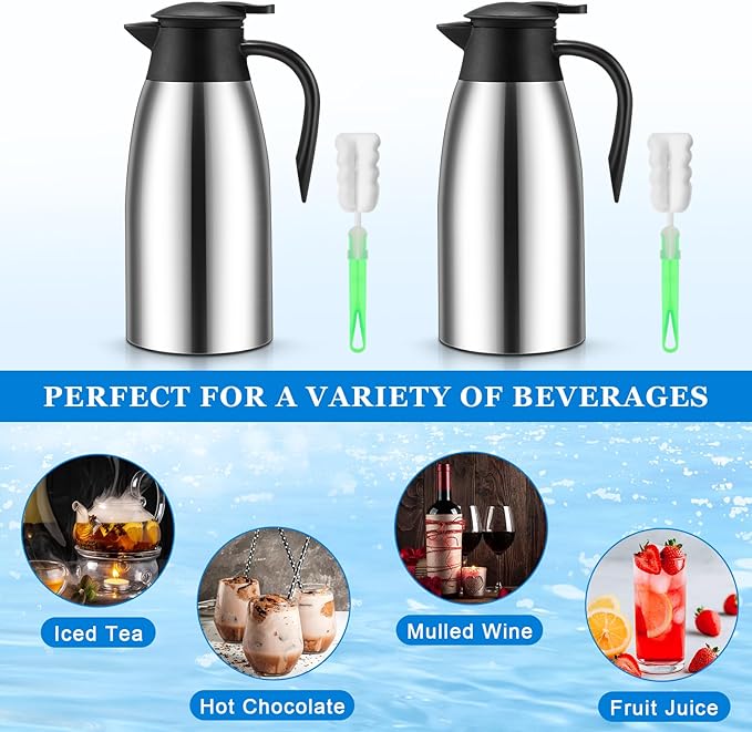 Uiifan 2 Pcs 68oz Thermal Coffee Carafe Insulated Stainless Steel Thermal Coffee Carafe Double Walled Vacuum Flask Carafes with Brushes for Keeping Tea for 12 Hours(Silver)