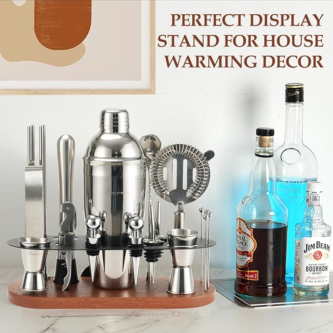 23-Piece Bartender Kit, Cocktail Shaker Set with Stand | Bar Drink Mixer Set with All Essential Bar Tools: Martini Shaker, Jigger, Strainer, Pourers, for Home, Bar, Party (Brown-y)