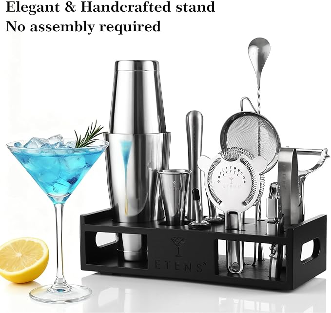 Cocktail Shaker Set Drink Mixer Bar Accessories – 15Pcs Mixology Bartender Kit Includes Boston Shaker, Japanese Jigger, Strainer, Bottle Opener, Cocktail Mixing Spoon – Handcrafted Wood Stand