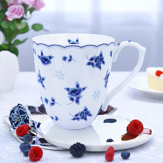 14oz Bone China Coffee Mug Floral Bone Mug Cute Coffee Mug Teacup for Women Mom Friend (blue floral)