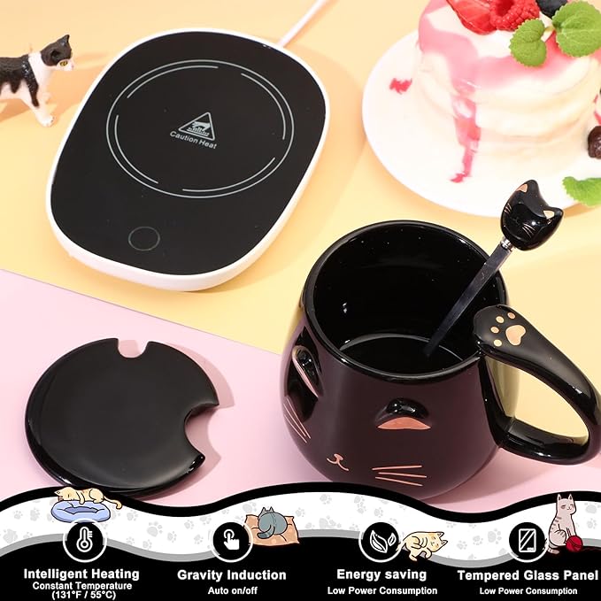 Cat Coffee Cup Coffee Warmer with Mug for Women Electric Mug Heater Temperature Control Ceramic Cute Cat Warmer for Office Christmas Birthday Gift(Black)