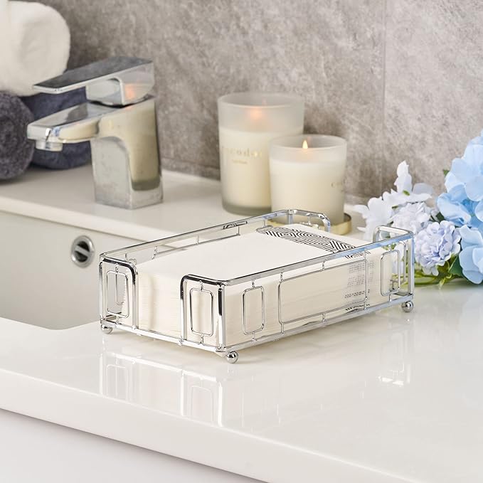 Guest Towel Holder Tray for Bathroom – Silver Napkin Holder for Disposable Paper Hand Towels, Vanity Countertop Hand Towel Organizer, Modern Bathroom Accessory for Guest Napkins