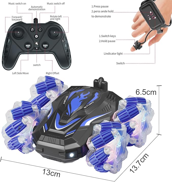 New Gesture Sensing RC Stunt Car with Lights Music, Hand Gesture Remote Control Car 360° Spins Double Side Controlled RC Car Birthday Gifts Toys for 6-12 Years Old Boys