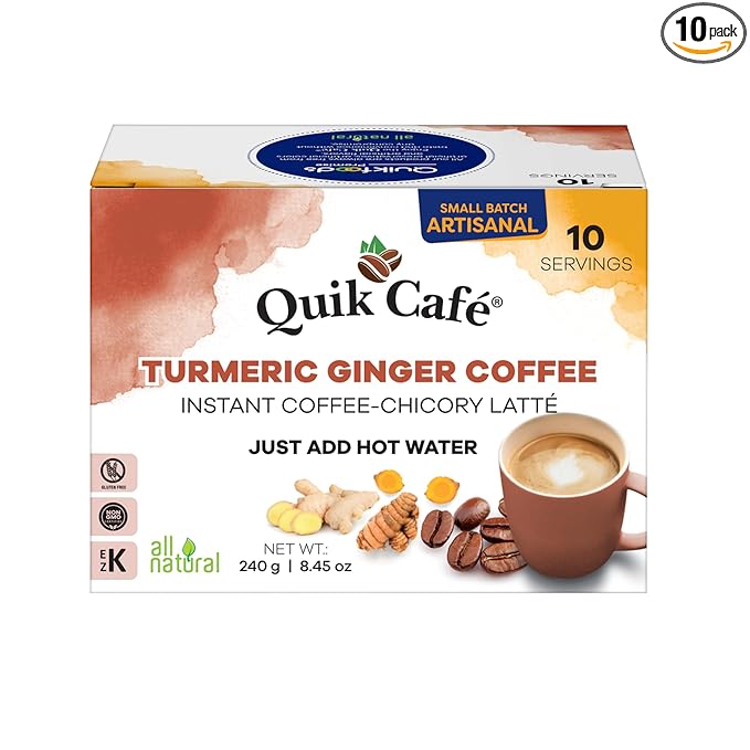 QuikCafe Turmeric Ginger Coffee – 10 Count, Bold Turmeric Ginger Flavor, Naturally Caffeine-Light, no preservatives, – Just Add Hot Water