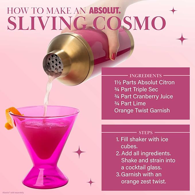 Paris Hilton 2-Piece Cocktail Shaker Set, Double Wall Insulated Stainless Steel Mixer with Built-In Strainer and Double-Sided Jigger, 20-Ounce, Gold and Hot Pink