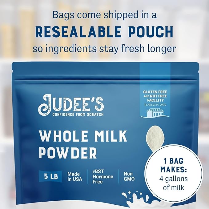 Judee's Gluten Free Whole Milk Powder - Emergency & Travel Friendly for Emergency Supplies - Dried Powdered Milk Bulk for Baking & Cooking - Gluten-Free & Kosher Certified - 80 Oz