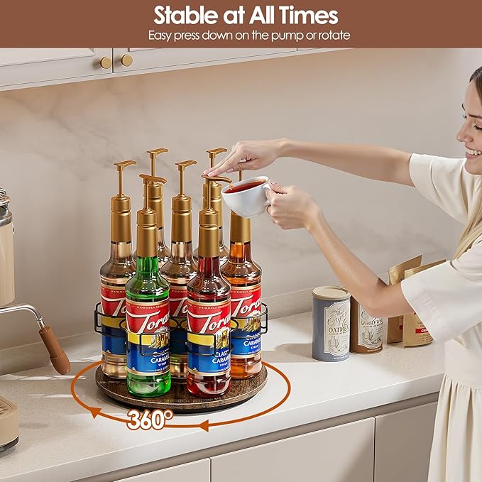 Rotating Coffee Syrup Organizer, 7 Bottles Coffee Syrup Rack for Countertop Syrup Bottle Holder Stand for Coffee Bar Station, Carbon Steel Frame with Wooden Base Coffee Bar Accessory, Black