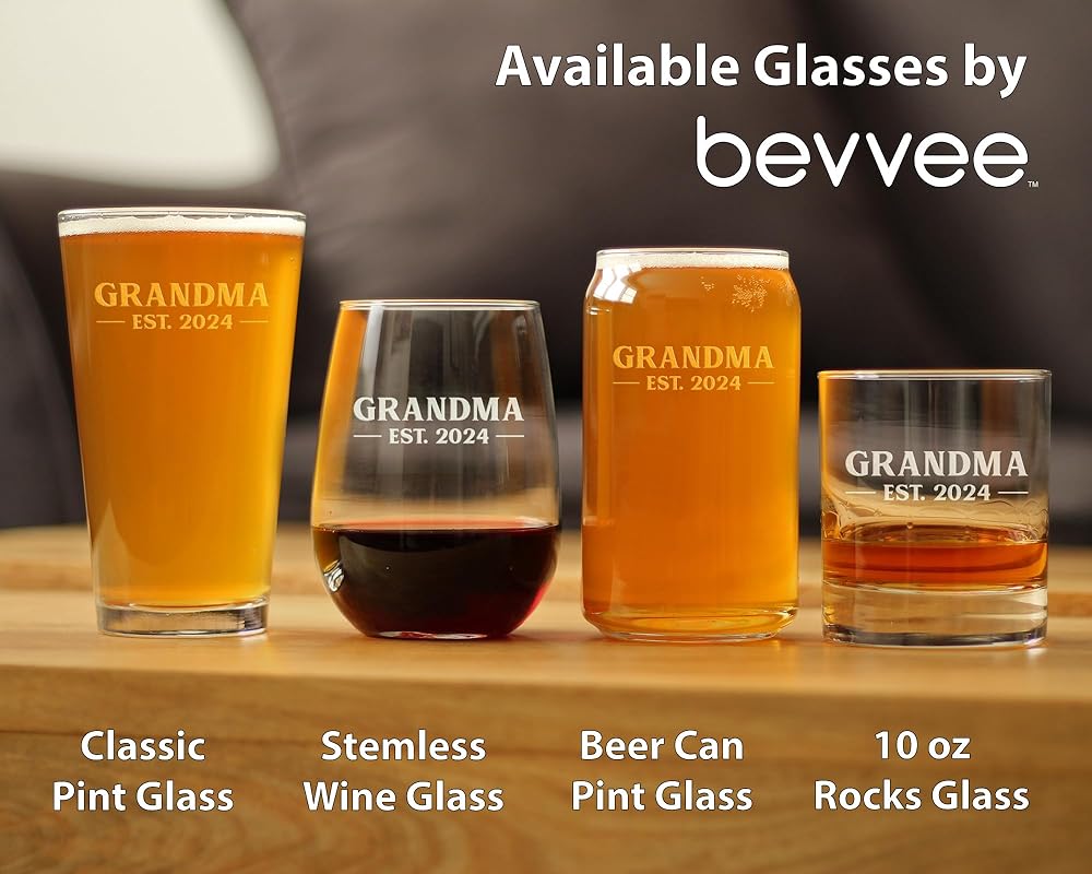 Bevvee Grandma Est 2024 - New Grandmother Pint Glass Gift for First Time Grandparents - Bold 16 Oz Glasses