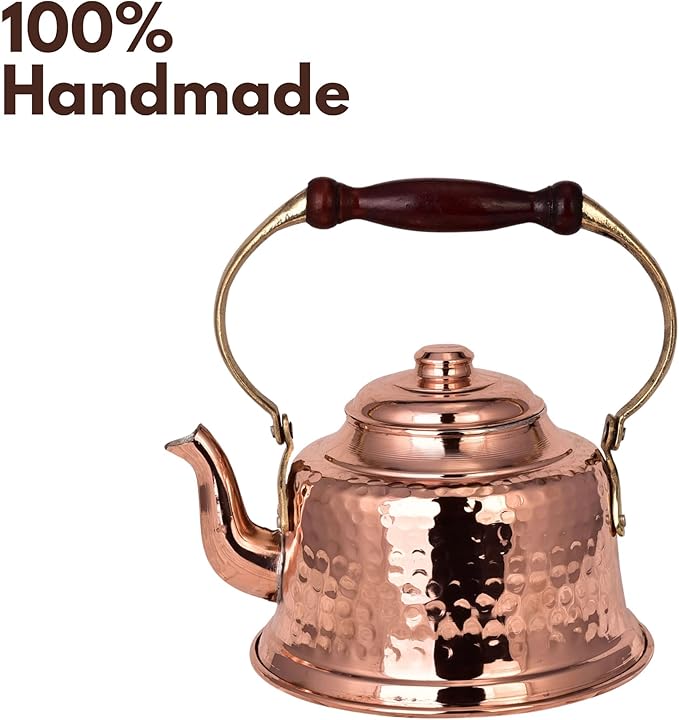 Handcrafted Turkish Copper Teapot with Wooden Handle – 1.3L Hammered Traditional Kettle for Tea, Herbal Infusions, Decorative Use (Maras Teapot)