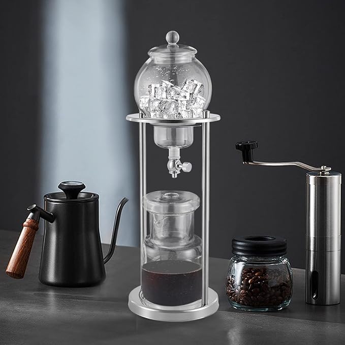 Ice Drip Coffee Maker, 600ml/20.29oz Luxury Cold Brew Coffee Maker in Stainless Steel and Borosilicate Glass, Retro-Style Coffee Maker For Serving 6-8 People At One Time (Sliver)