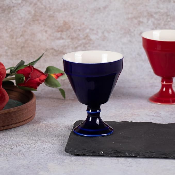 KAMMAK Tea Cup, 3oz Small Tea Cups Set of 2, Ceramic Tea Cups for Home, Tea Party, Office, Fashion Porcelain Tea Set with Short Stem, Chinese Kungfu Tea Set for Hot/Cold Drink (Red and Blue)