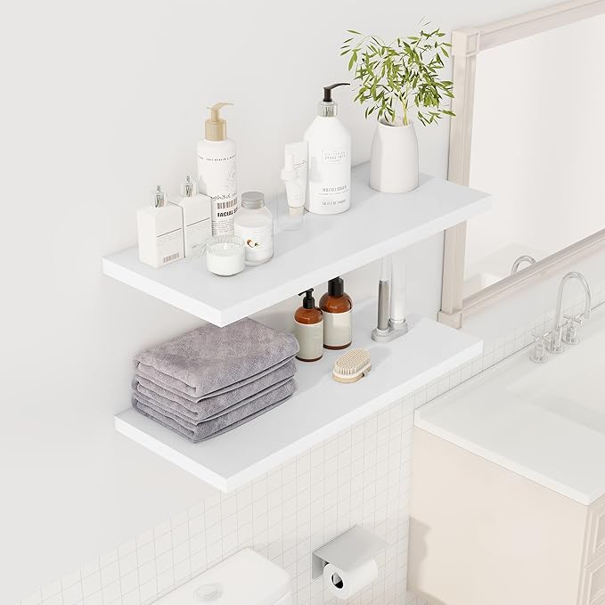 Dreamland 32" Floating Shelves for Wall, 12" Deep Slim White Floating Shelves, Wall-Mounted Shelves for Bedroom, Living Room, Kitchen, Bathroom - Set of 2