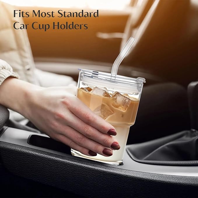 INSETLAN 13oz Portable Glass Tumblers Set of 2, Thick Wall Glass Cups with Lid and Glass Straw, On-the-Go Coffee Cups for Iced Coffee, Tea, Milk, Hot & Cold Drinks, Travel & Daily Use