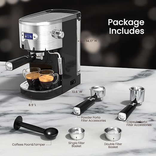 Espresso Machine 20 Bar, Professional Stainless Steel Coffee Maker with LCD Display, Steam Wand, 45oz Removable Water Tank, for Espresso, Cappuccino, Latte at Home or Office, Black