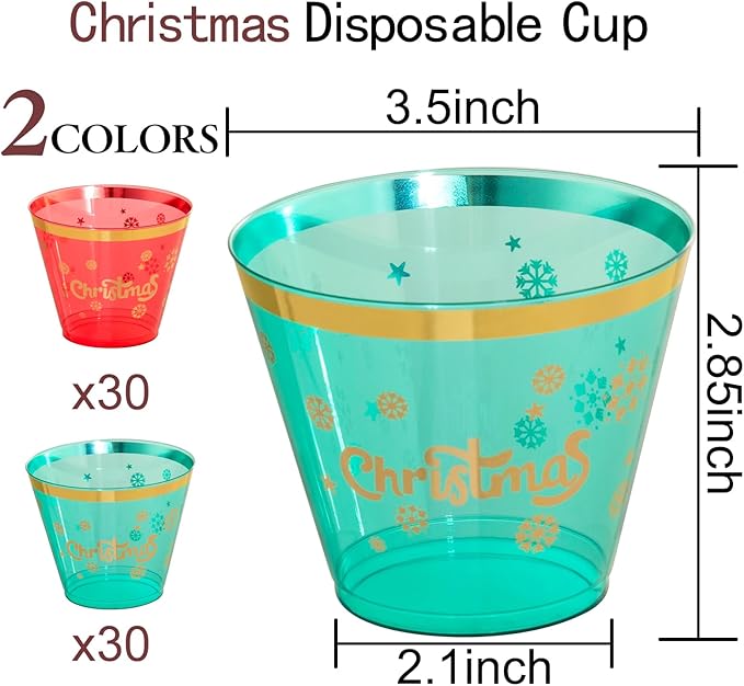 WELLIFE 60Pcs 9oz Christmas Plastic Cups, Disposable christmas Cups, Christmas plastic Tumblers, Includes 30Pcs Green cup and 30Pcs Red cups