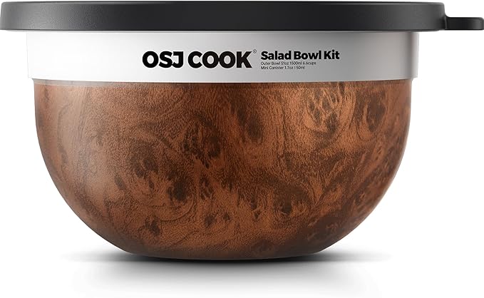 18/8 Stainless Steel Salad Bowl Kit - 74oz, Mixing Bowls with Lids Set, Teakwood - Comes with 1.7oz Condiment Container and Removable Tray for Organization - Leak-Proof, Dishwasher Safe (Wood)