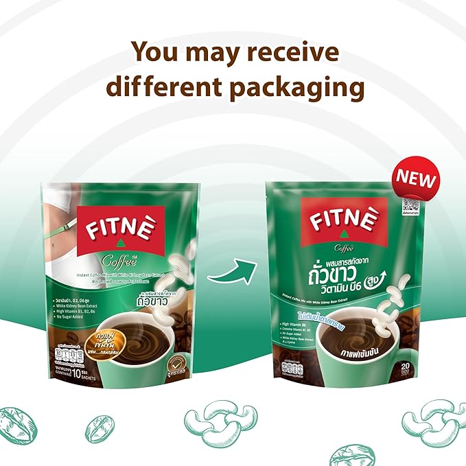 FITNE Instant 3 In 1 Coffee Packets Mix With White Kidney Bean Extract L-Lysine Vitamin B1 B2 B6 Smooth Blend No Sugar Sucralose Sweetener, 20 Sachets