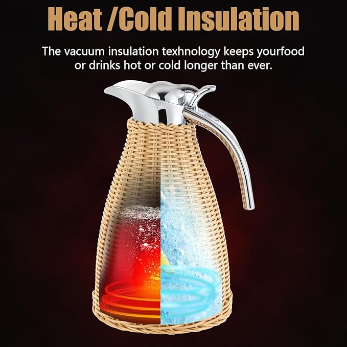 Stainless Steel Coffee Thermal Carafe, 50 Oz/1.5 L Woven Rattan Insulated Coffee Carafe Double Walled Vacuum Insualted 20 Hour Heat Cold Retention (Natural)