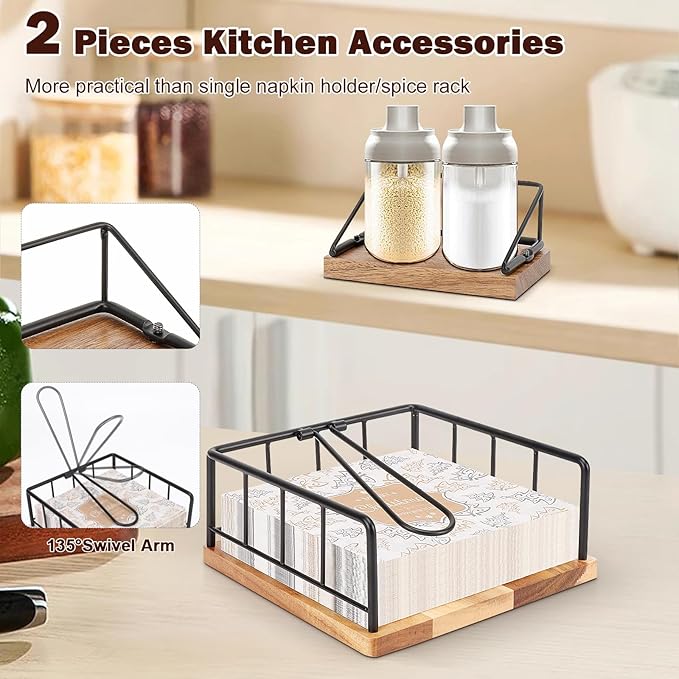 Livabber Flat Napkin Holder, Metal Kitchen Napkin Storage with Weighted Tension Arm Rustic Tissue Paper Dispenser for Countertop, Table Kitchen, Dining Room (with Wooden Base, Black Napkin Holder Set)
