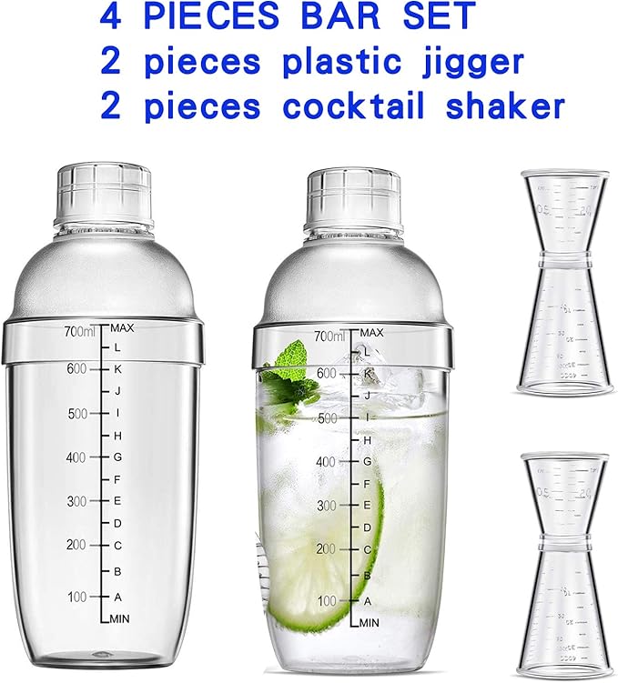 4 pcs Clear Cocktail Shaker Set 2 pcs Plastic bar Shaker with 2 pcs Plastic Cocktail Double Measuring Jigger