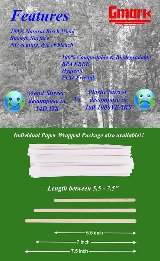 Gmark 5.5" Wood Coffee Stirrers (length 140mm, width 6mm, thick 1.3mm) 1000 ct - Natural Birch Wood Coffee Beverage Stirrers, Round End GM1014