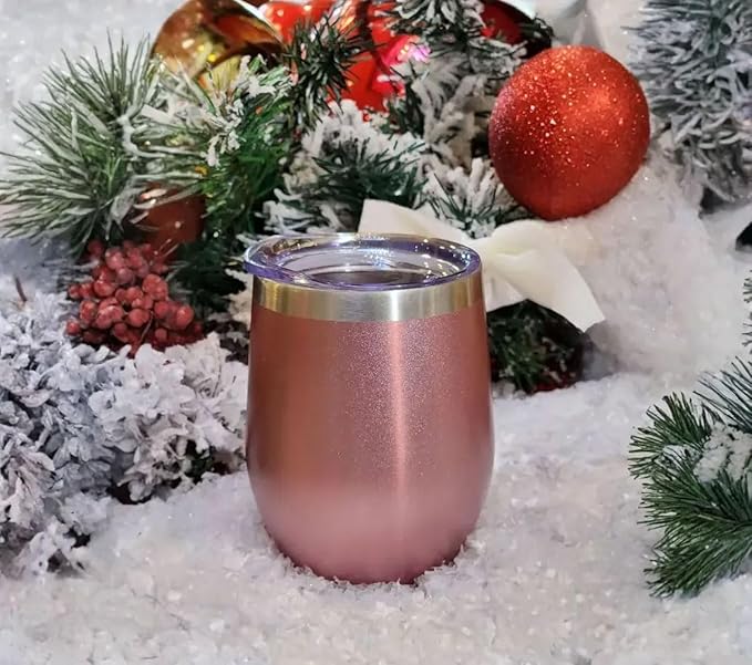 CHILLOUT LIFE 12 oz Stainless Steel Wine Tumbler with Lid - Double Wall Vacuum Insulated Wine Cup Glass Keeping Cold & Hot for Coffee, Champagne, Cocktails, Ice Cream - Rose Gold
