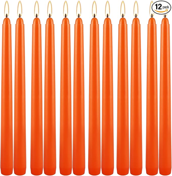 10 Inch Orange Slender Taper Candles Set - 12 Pcs Dripless, Smokeless with Cotton Wick, Ideal for Halloween,Thanksgiving,Dinner, Weddings & Home Decor.