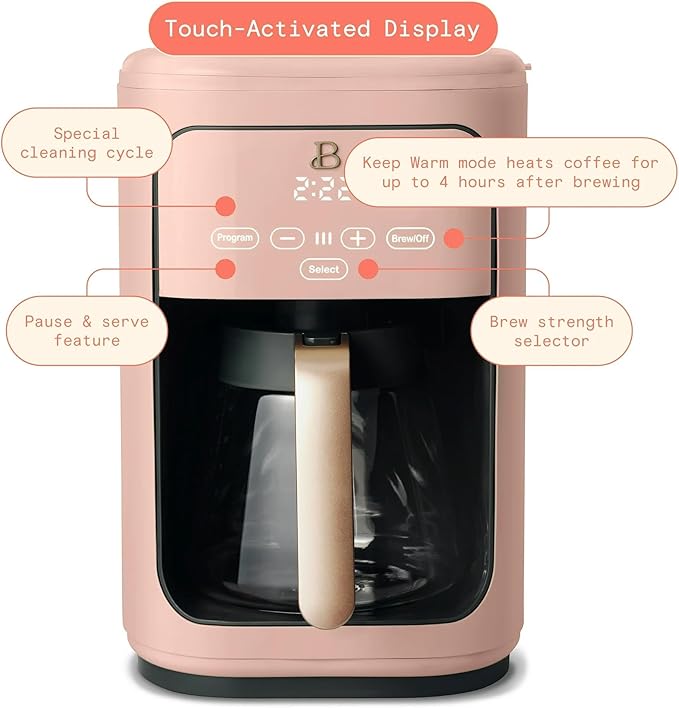 Beautiful 14-Cup Programmable Drip Coffee Maker with Touch Display - Automatic Coffee Machine with Timer for Home & Office - by Drew Barrymore (Rose)