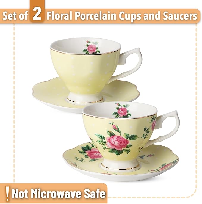 BTaT- Floral Tea Cups and Saucers Set of 2 (8 oz), Porcelain Tea Cup Sets, Pastel Yellow Color with Gold Trim, Dishwasher Safe