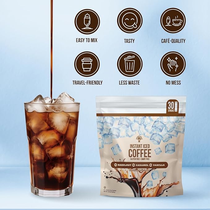 The Frozen Bean - Instant Iced Coffee Combo Pack, Hazelnut, Caramel, Vanilla,Gluten-Free, Dairy-Free, Packs of 30
