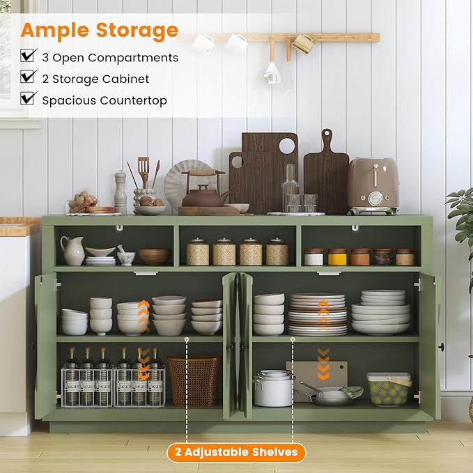 60” Large Sideboard Buffet Cabinet with Storage, Farmhouse Kitchen Buffet Cabinet with Adjustable Shelves and 4 Barn Doors, Wood Coffee Bar Storage Cabinet for Kitchen, Dining Room, Green