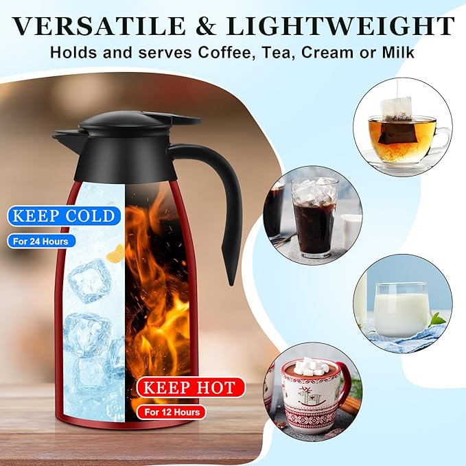 2 Pcs 51 oz Thermal Coffee Carafe for Keeping Hot Insulated Stainless Steel Vacuum Thermal Pot Flask Double Walled Vacuum Coffee Carafe for Beverage Water Tea, 12 Hot 24 Hours Cold(Red)