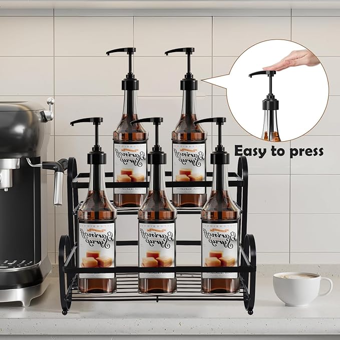 6-Bottle 2-Tier Coffee Syrup Rack Organizer,Sturdy Metal Syrup Storage Shelf Holder Stand for Coffee Bar,Kitchen Countertop,Universal Wine Rack,Compact Durable Space-Saving Design