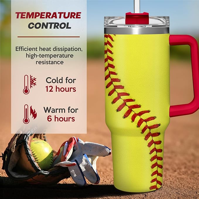 SANDJEST Softball Tumbler with Handle 40oz, Insulated Stainless Steel Cup with Lid & Straw, Sports Lover Gift for Men, Coach, Player, Christmas, Birthday