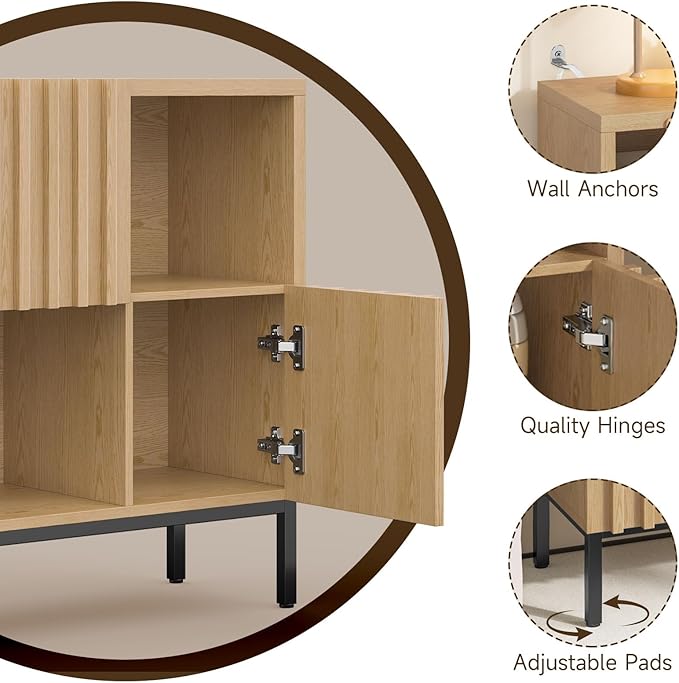 Vabches Fluted Short Bookcase, 6 Cube Storage Organizer with Doors, Modern 2-Tier Open Bookshelf for Home and Office, Wood Floor Standing Display Cabinet Rack, Natural