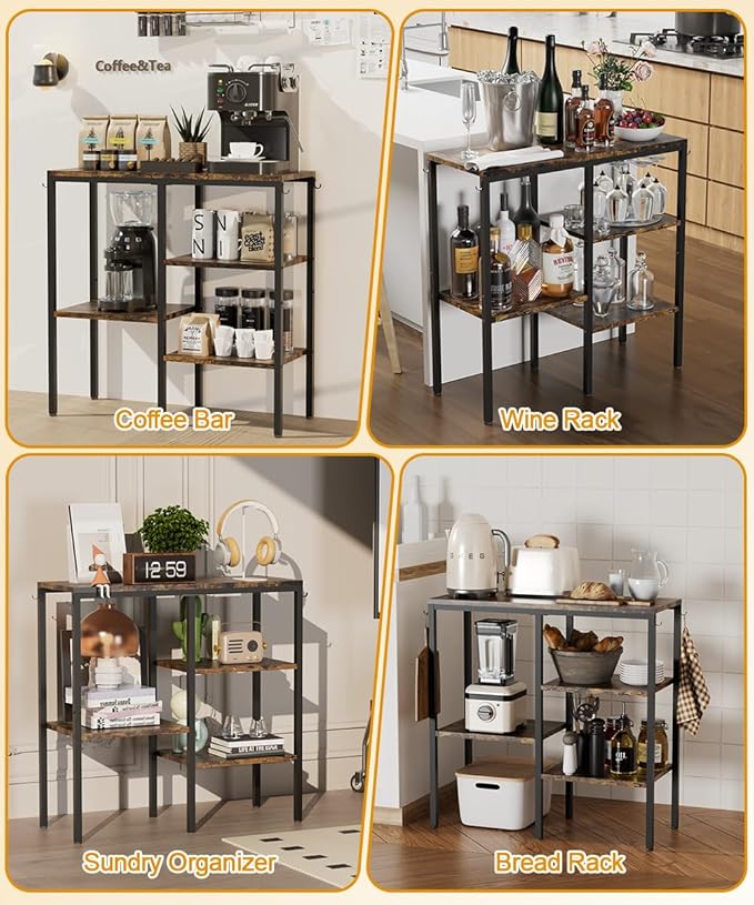 Artibear 4-Tier Kitchen Microwave Oven Stand, Adjustable Coffee Bar Station for Small Appliance, Baker's Rack with 4 Hooks & 5 Storage Shelves, Utility Rack for Kitchen, Living Room, Office, Black